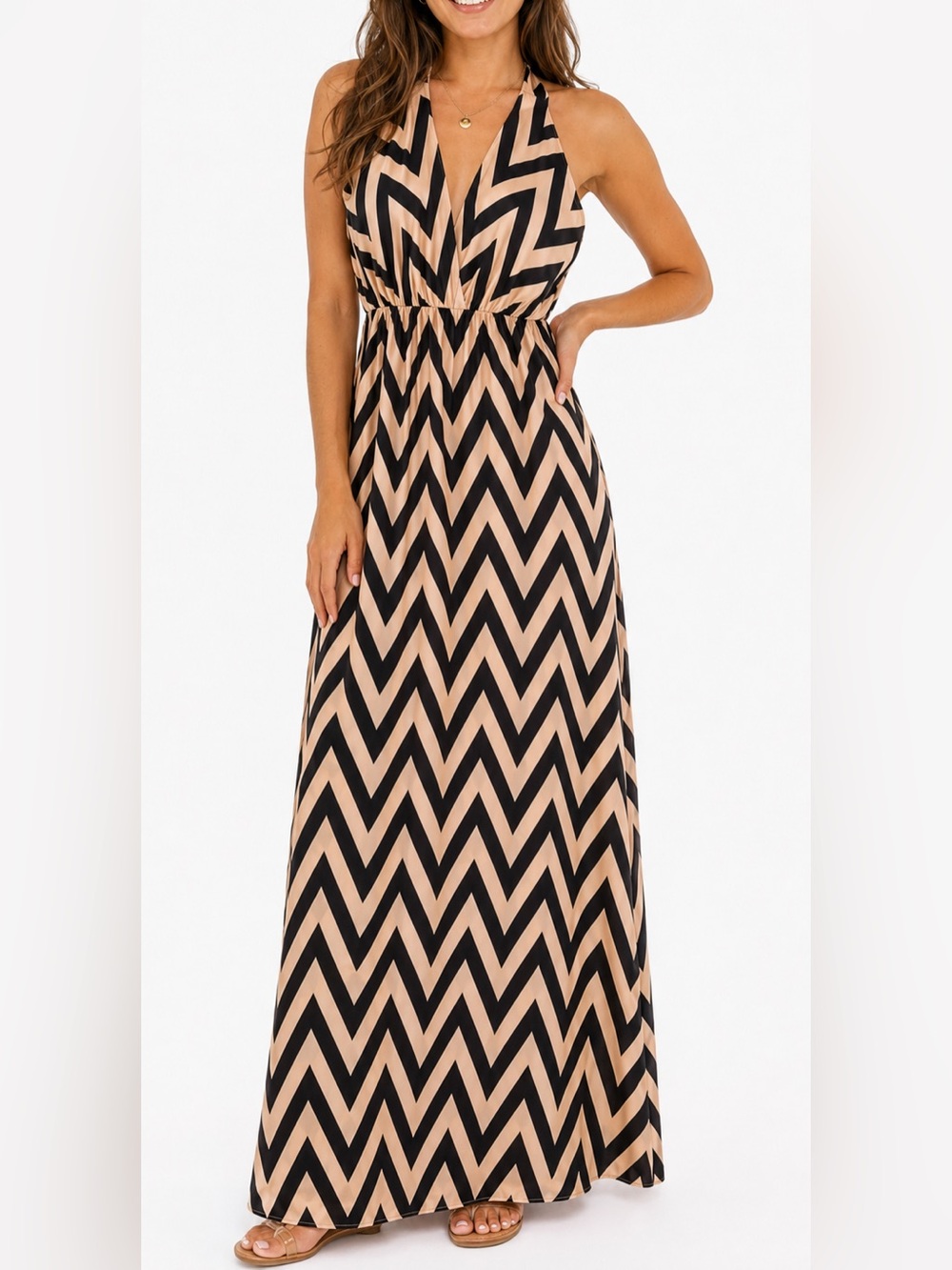 Gianni Bini Chevron Halter Maxi Dress XS Black & Tan Backless Lined